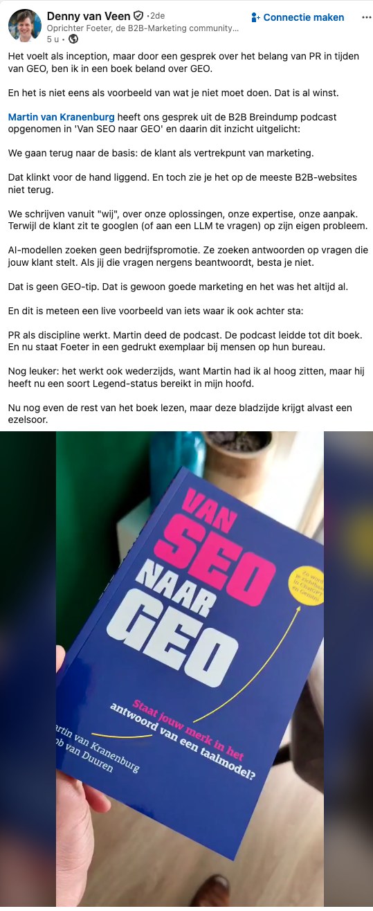LinkedIn-post van Denny van Veen over Van SEO naar GEO