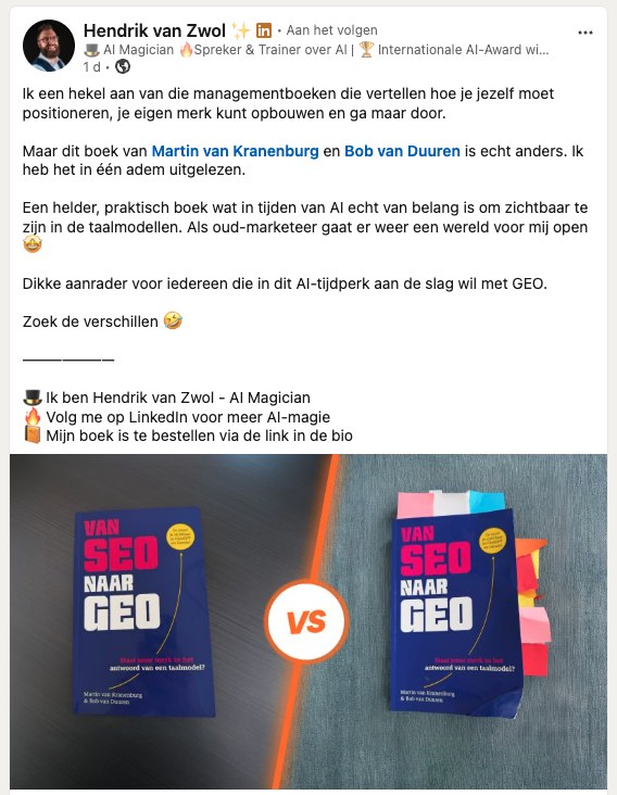LinkedIn-post van Hendrik van Zwol over Van SEO naar GEO
