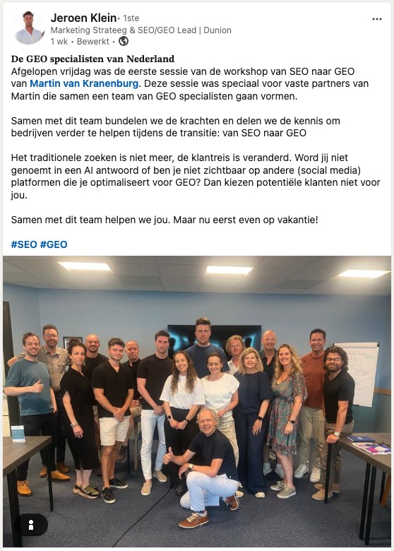 LinkedIn-post van Jeroen Klein over de GEO Agency Workshop
