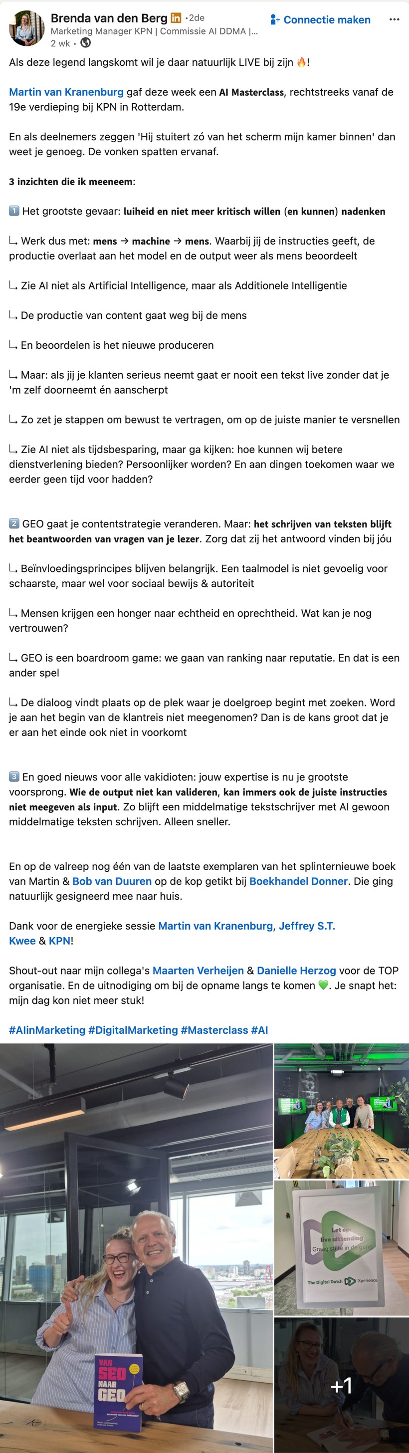 LinkedIn-post van Brenda van den Berg (KPN) over Van SEO naar GEO