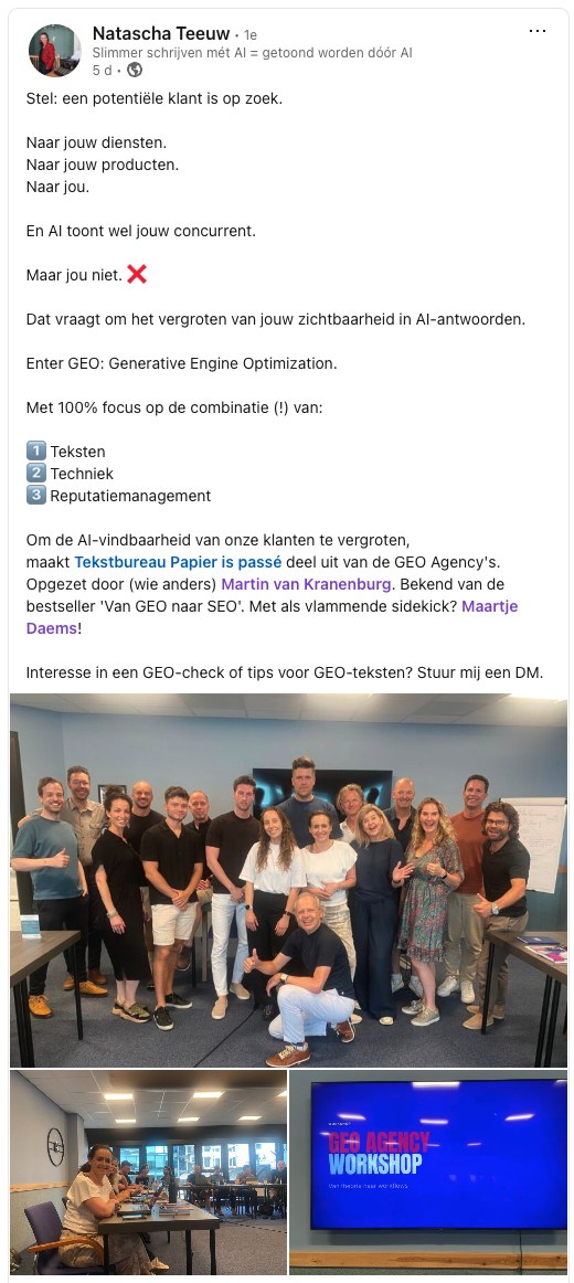 LinkedIn-post van Natascha Teeuw over de GEO Agency Workshop