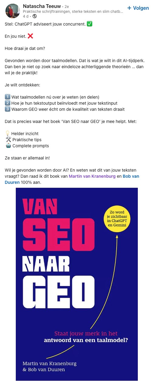 LinkedIn-post van Natascha Teeuw over Van SEO naar GEO